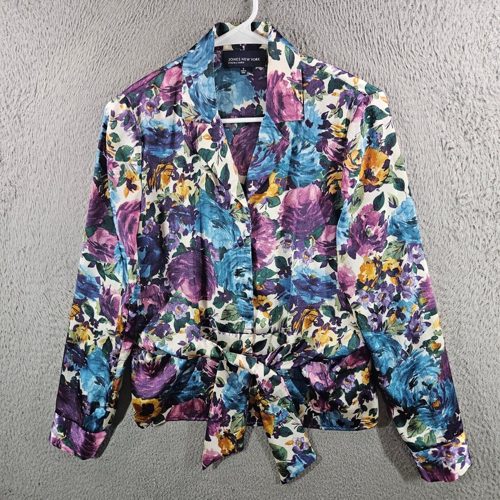 Jones New York Signature Floral Peplum Blouse Purple Blue Yellow Sz S